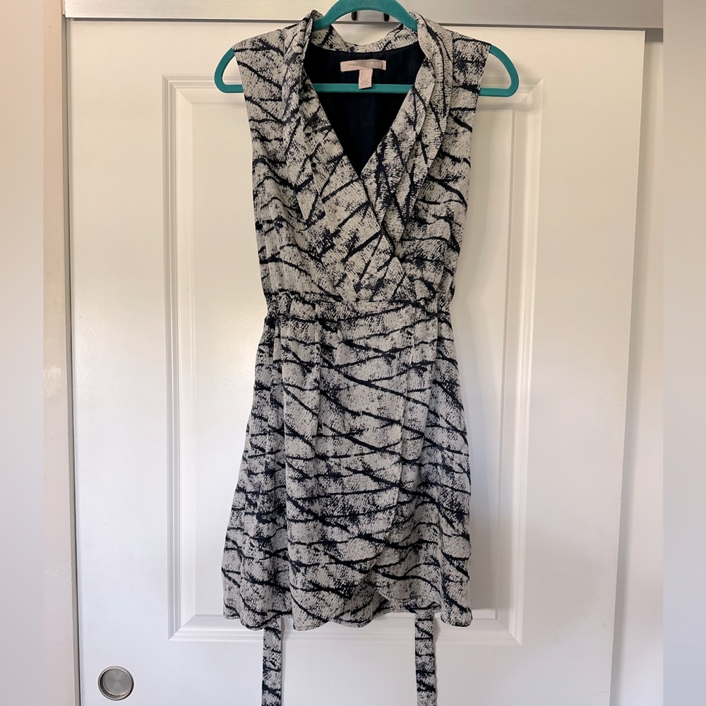 Work, casual,  wrap dress with collar detail. Adjustable waist strap/belt.